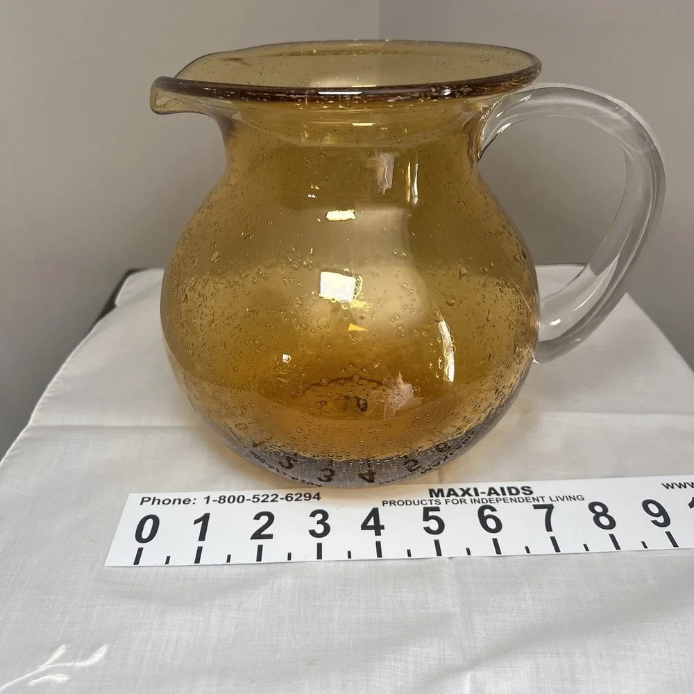 Vintage Amber Bubble Glass Pitcher Clear Handle Hand Blown Art Glass 90 Oz